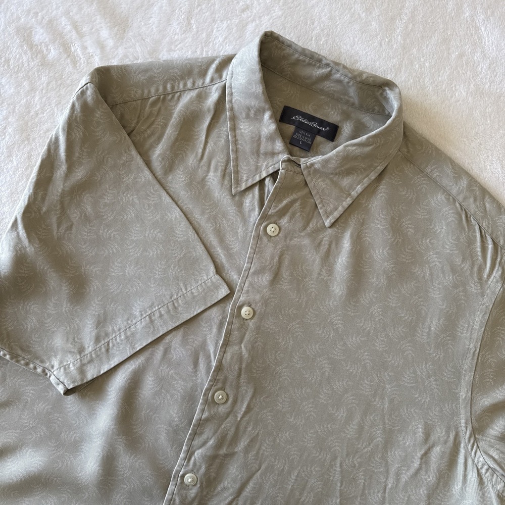 Eddie Bauer Mens 100% Silk Shirt Resort Hawaii Vacation Palm Fern Print L